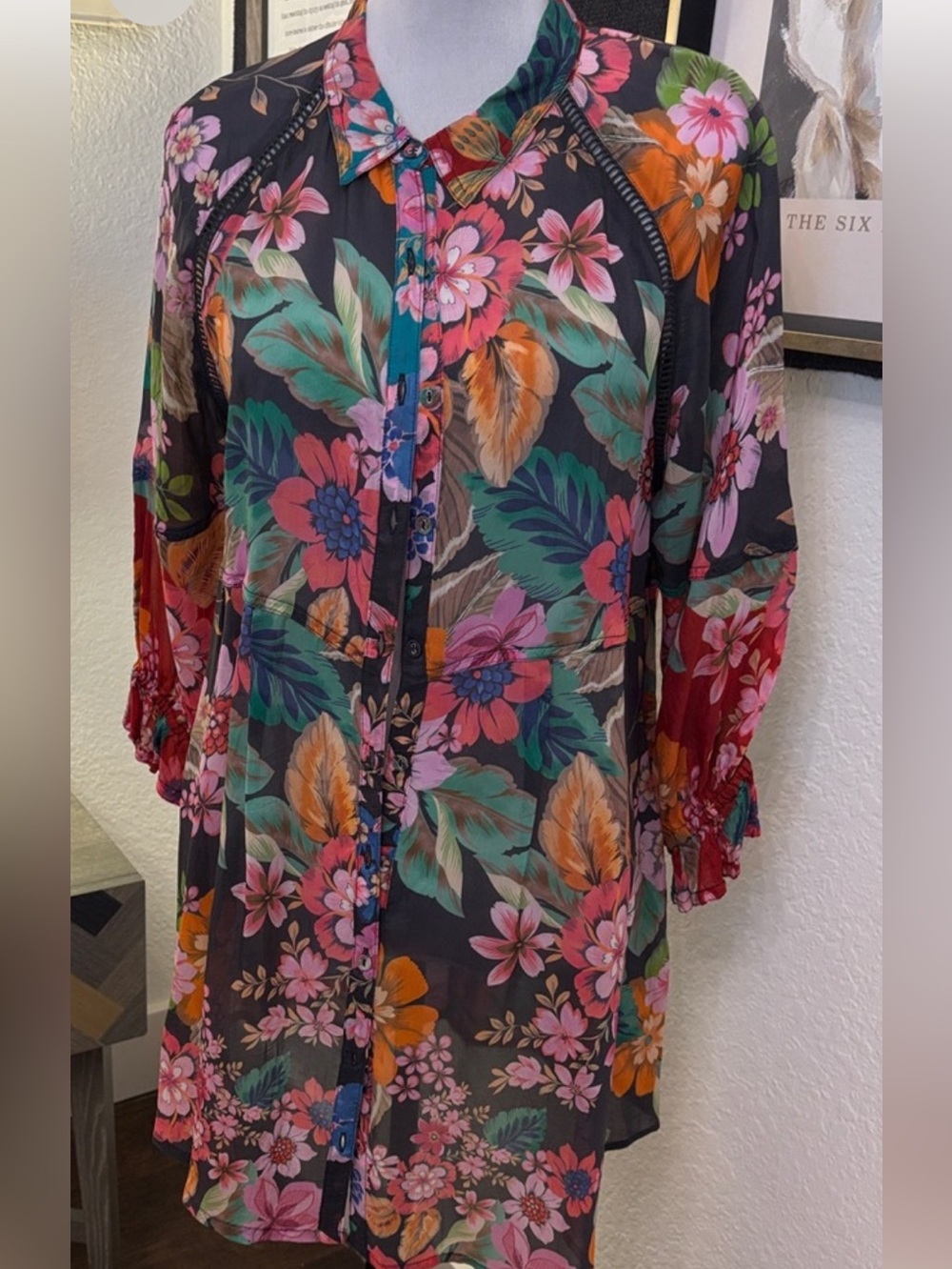 JOHNNY WAS Sheer Black Floral Button-Up Tunic